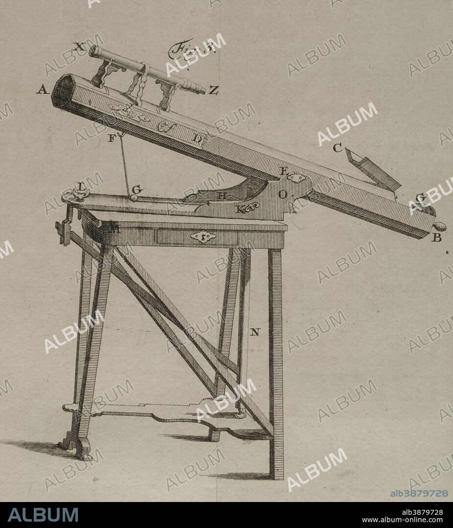 Petrus (Pieter) van Musschenbroek (Leiden, 1692-Leiden, 1761). Médico y físico neerlandés. Ensayo de Física. Con una descripción de nuevos tipos de máquinas neumáticas. Tomo II. Ilustración de un instrumento de medición. Obra traducida del holandés al francés por Pierre Massuet. Obra editada en Leiden, Paises Bajos, 1739. Biblioteca Histórico Militar de Barcelona. Cataluña. España.