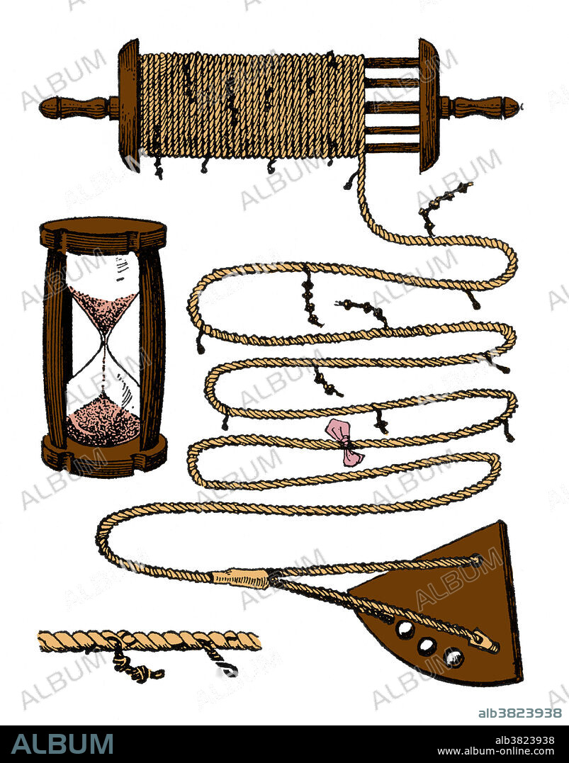 Colorized drawing of a chip log and hour glass timer. This is a navigation tool used by mariners to estimate the speed of a vessel through water. A chip log consists of a wooden board attached to a line (the log-line). The log-line has a number of knots tied in it at uniform spacings. The log-line is wound on a reel to allow it to be paid out easily in use. Originally, the distance between marks was 7 fathoms or 42 feet used with a sandglass with a 30 second running time. Later the distance was refined to 47 feet, 3 inches for a standard glass of 28 seconds.