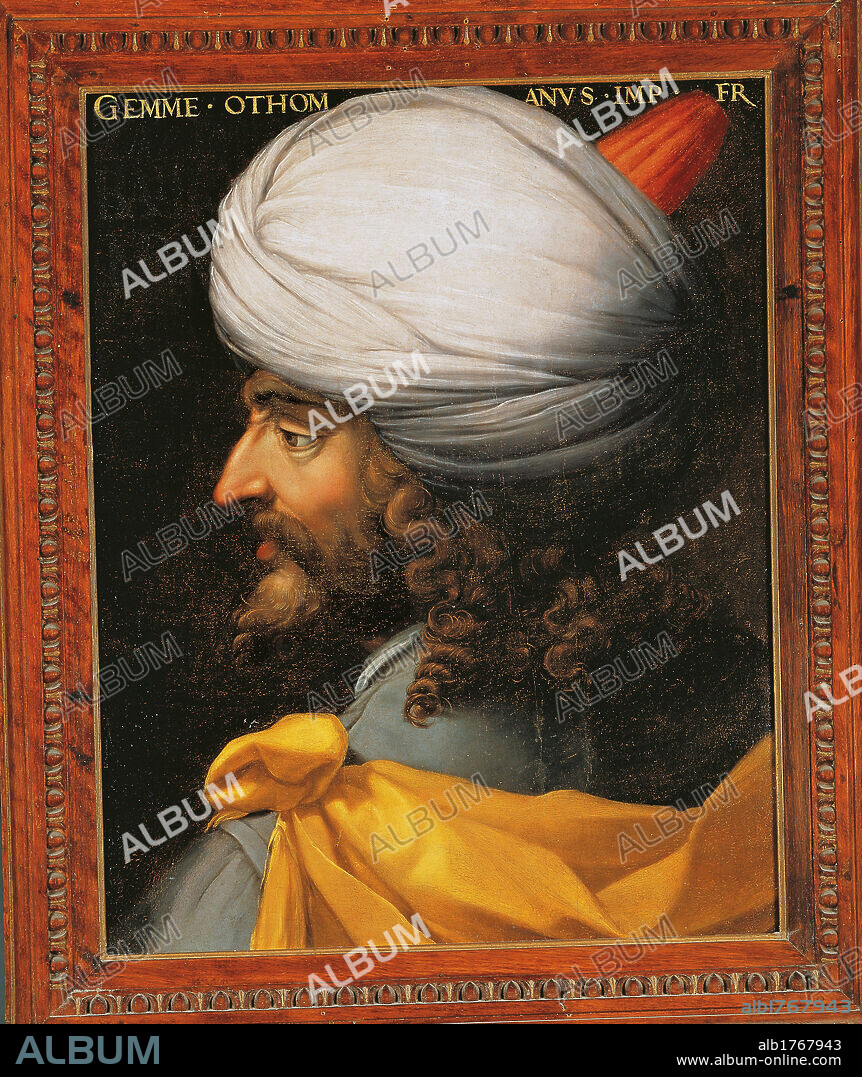 Portrait of the Prince Djem, by Cristofano DellAltissimo di Papi, 1580 about, 16th Century, oil on panel, cm 59 x 45. Italy, Tuscany, Florence, Uffizi Gallery. The picture forms part of the Gioviana series in the Uffizi Gallery. From the collection of Paolo Giovio in Borgo Vico near Como. All. Profile of Ottoman prince turned left wearing a large turban, with long curly hair and a yellow cloak. Authorization required for non editorial use.