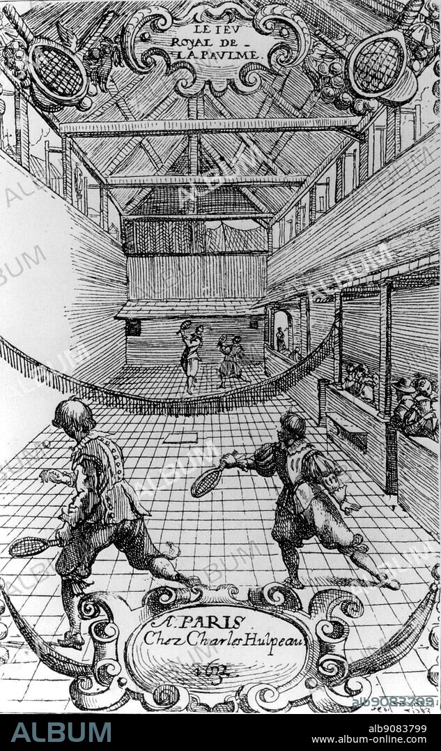 Built under Louis XIV, the Jeu de Paume is an indoor tennis court insofar as the game played there was an ancestor of modern tennis. On June 20, 1789, this hall was the site of a major event in the French Revolution. Back in May of that year, Louis XVI convoked the three orders of the Estates General (Nobles, Clergy, and Commoners) to discuss needed reforms. They met in the large Hall of Revels (which today houses the Baroque Music Centre). Representatives of the commoners, unable to meet independently of the nobles and clergy, sought a place where they could discuss things among themselves; they gathered in the Jeu de Paume and swore not to disband until they had given France a constitution. Charles Hulpeau's Le Jeu Royal de la Paulme (1632), of which this is the title page, contains some of the earliest existent set of rules for the game of tennis. These indoor tennis courts were often used for other forms of entertainment, notably the performance of operas. Note the short handles of the 17th century racket.