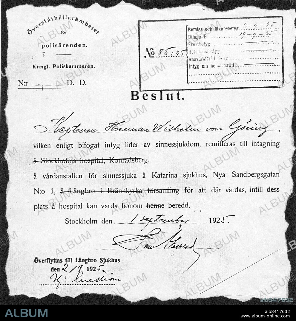 ARKIV 1925-09-01 Faksimil av beslut om intagning av Hermann Göring på vårdanstalten för sinnessjuka Katarina sjukhus i Stockholm september 1925, i avvaktan på plats på Långbro mentalsjukhus. Facsimile of decision on hospitalization of Hermann Goring at Katarina hospital pending for a free bed at Langbro mental hospital first of September 2025.. Foto: Dagens Nyheter / TT / Kod: 5. **SvD OUT**.