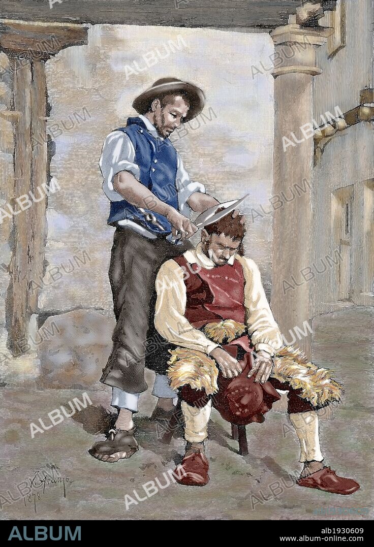 "EL BANCO DE LA PACIENCIA... ". Comarca de las Hurdes. Provincia de Cáceres. Extremadura. España. Grabado por Martín Rico. Coloreado. "La Ilustración Española y Americana", año 1880.