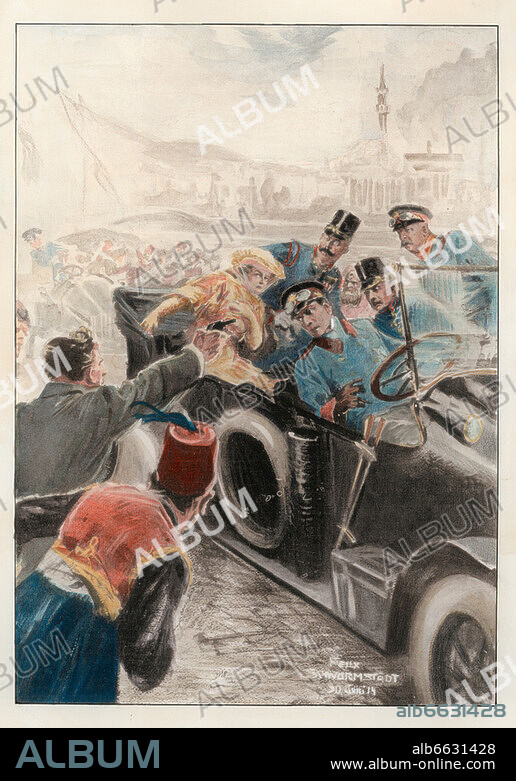 Vorgeschichte des 1. Weltkrieges: Ermordung des österr.ungar. Thronfolgers Erzherzog Franz Ferdinand und seiner Gattin durch Gavrilo Princip am 28. Juni 1914 in Sarajevo. Pressezeichnung von Felix Schwormstaedt, 30.6.1914. Spätere Kolorierung.