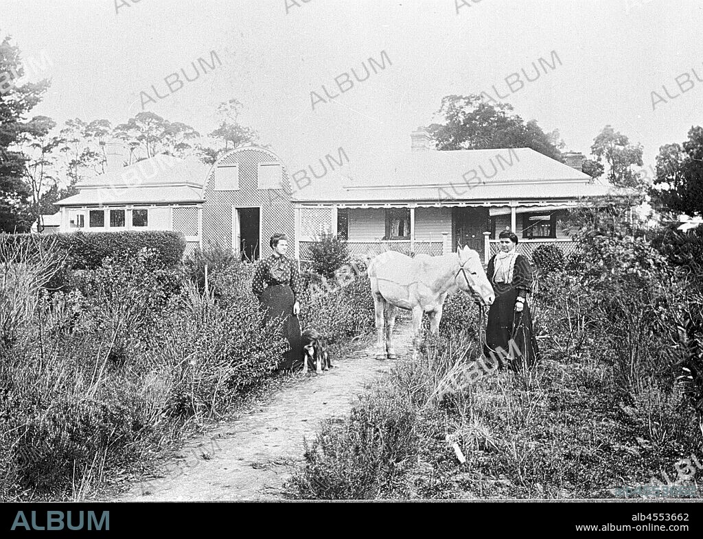 Negative - Helen & Elizabeth Harding Outside Family Home with Horse & Dog, Windermere, Victoria, 1904, Helen and Elizabeth Harding a horse and dog, in front of the family home.
