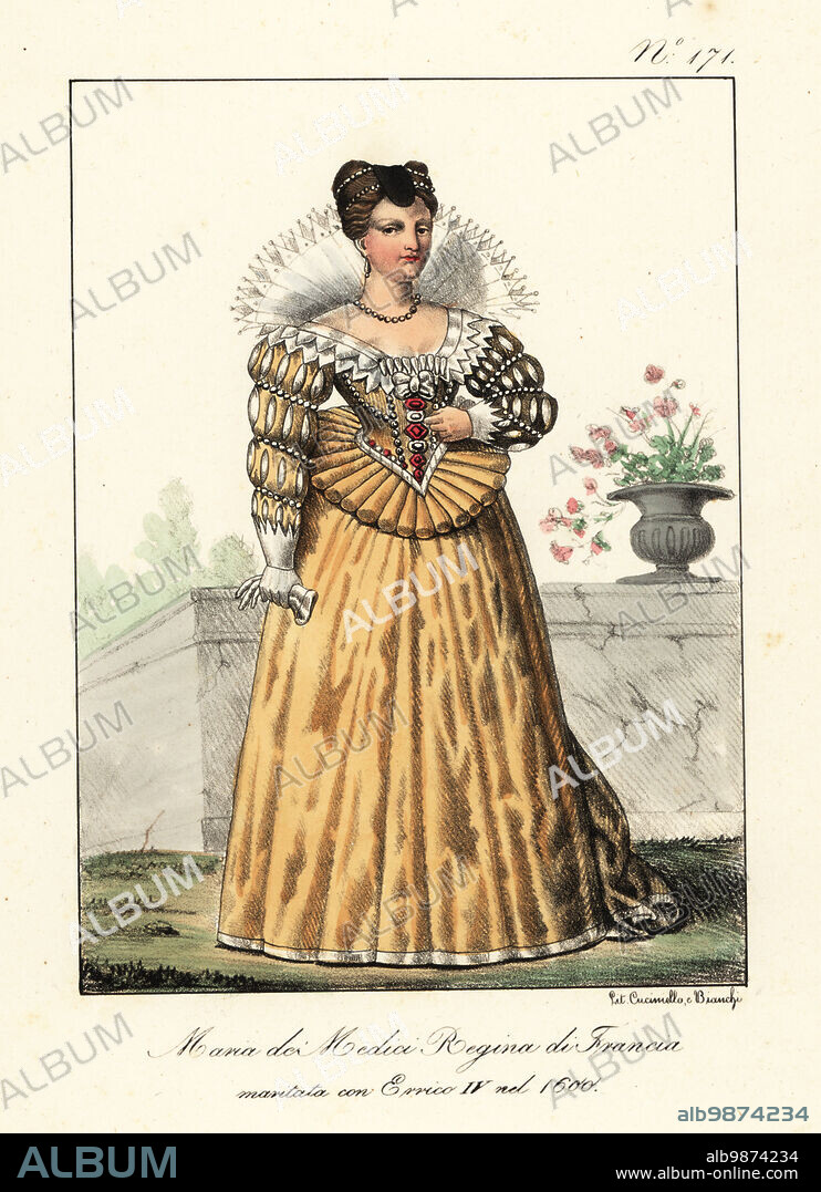 Marie de' Medici, Queen of France, second wife of King Henry IV, Regent of the Kingdom of France between 1610 and 1617 during the minority of her son Louis XIII. In gown with upright lace collar, slashed sleeves, jeweled bodice and farthingale skirts. Marie de Medicis, Reine de France. Mariee a Henry IV en 1600. Handcoloured lithograph by Lorenzo Bianchi and Domenico Cuciniello after Hippolyte Lecomte from Costumi civili e militari della monarchia francese dal 1200 al 1820, Naples, 1825. Italian edition of Lecomtes Civilian and military costumes of the French monarchy from 1200 to 1820.