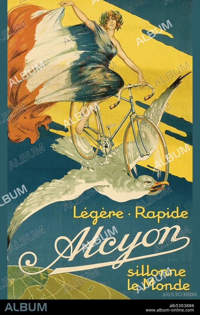 Girl holds tricolor French flag riding a bicycle.  The Alcyon was a French bicycle, automobile and motorcycle manufacturer between 1903 and 1954..