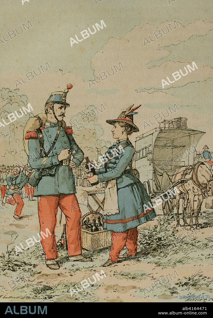 Siglo XIX. Soldado francés con uniforme de casaca azul y pantalones rojos de la infantería. Soldado esperando la revista. Ilustración a color de la "Armeé Française, Nos Soldats" (Ejército Francés, Nuestros Soldados). Autor, Eugene Hennebert (1826-1896). París, h.1890. Ilustracion firmada por Hussenot y Pallandre. Biblioteca Histórico Militar de Barcelona, Cataluña, España.
