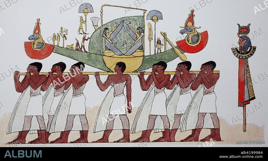 Clothing in Ancient Egypt, New Kingdom, Late Period, Ramessiden, 1324-1258 BC, Priests carry in procession the holy bark of God Ramses, digital improved reproduction of an original print from the 19th century.