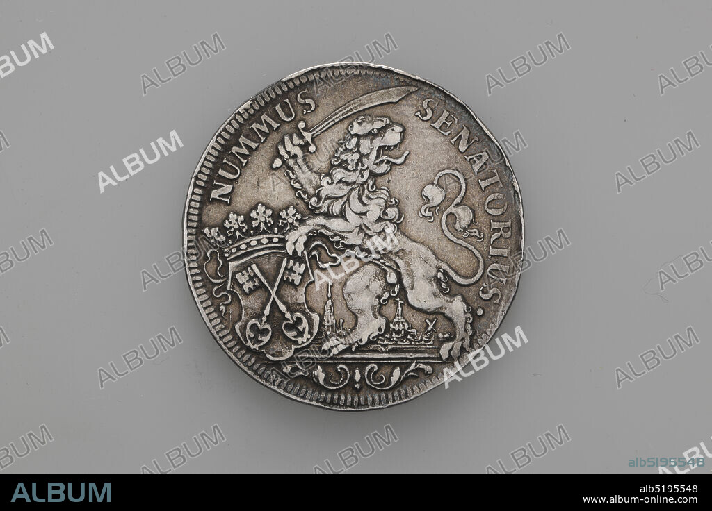 medal, Anonymous, 17th century, minted, General: 3.1 x 0.1cm (31 x 1mm), Weight: 8.3g, Silver tool tag. On the obverse is a standing lion with a sword in the claw, to the right of the crowned city coat of arms of Leiden. As a reference NUMMUS SENATORUS. On the reverse within a cable edge the inscription: Prdens couples: túm consilio, en fide, Fortis parentúm cladibus en fame, Virtúte discat per tinaci Posteritas Patriam túeri., City coat of arms, lion, arms and ammunition.