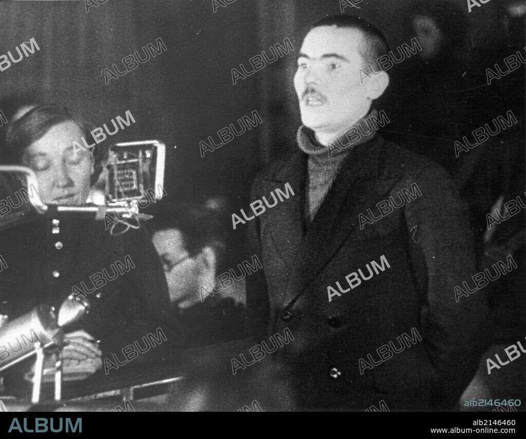 World war 2, december 18, 1943, still from a film on the kharkov trial produced by artkino, russian traitor mikhail petrovich bulanov asking for mercy so that he might atone for the crimes he committed.