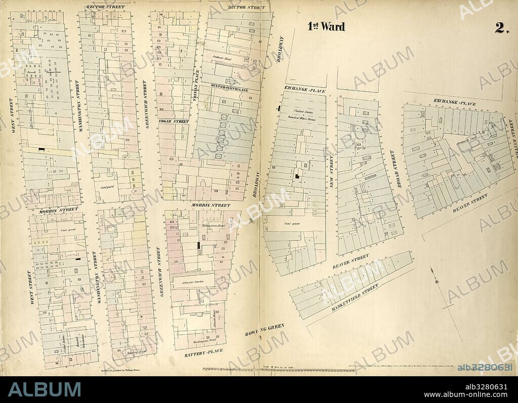 Plate 2: Map bounded by Rector Street, Broadway, Exchange Place, William Street, Beaver Street, Broad Street, Marketfield Street, Battery Place, West Street. 1852, 1854, William Perris, New York, N.Y., USA.