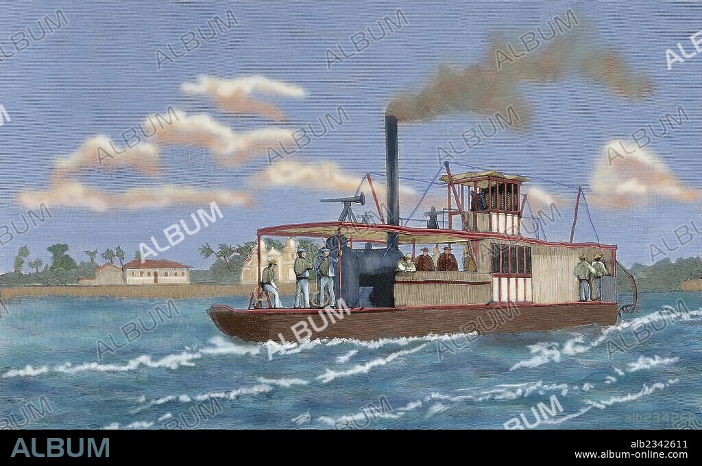 Portugal. Portuguese gunboat commanded by Major Serpa Pinto, at the mouth of the Zambezi River. Used in the Anglo-Portuguese conflict: struggle of the Portuguese against the Makoldos, aided by the British. Engraving. Colored.