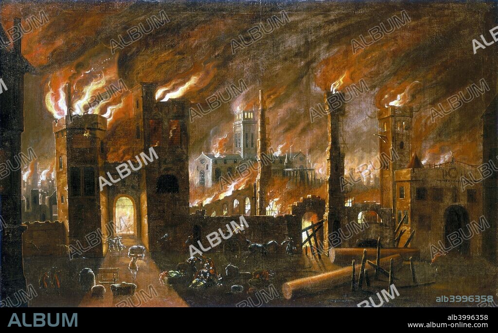 'The Great Fire of London, 1666', (c1675). View looking towards the west facade of old St Paul's Cathedral, seen from Blackfriars, slightly south of Ludgate. On the right are the ruins of St Anne's, Blackfriars. People in the foreground gather their positions and prepare to flee in the face of the advancing flames which have already engulfed Ludgate on the left, one of the gates of the city of London.
