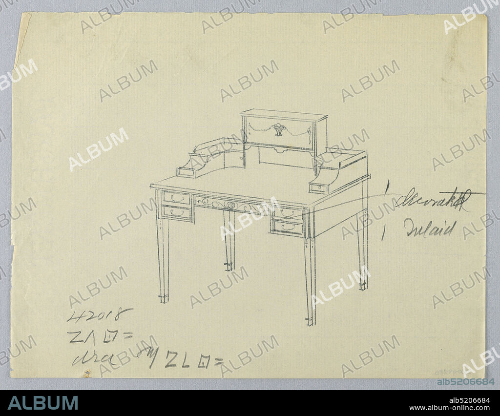 Tracing of Design for Rectangular Writing Table with Decorated Inlay, A.N. Davenport Co., Graphite on thin cream paper, 190005, furniture, Drawing, Drawing.