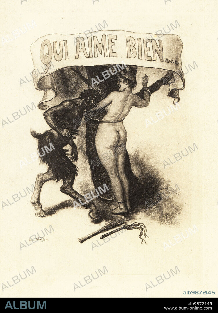 Title page with vignette of horned satyr standing with a naked woman tied to a tree. A whip and birch lie on the ground. Photogravure after an illustration by Louis Malteste from Jacques dIcys Qui Aime Bien ou la flagellation dans la vie moderne, Jean Fort, Paris, 1912.