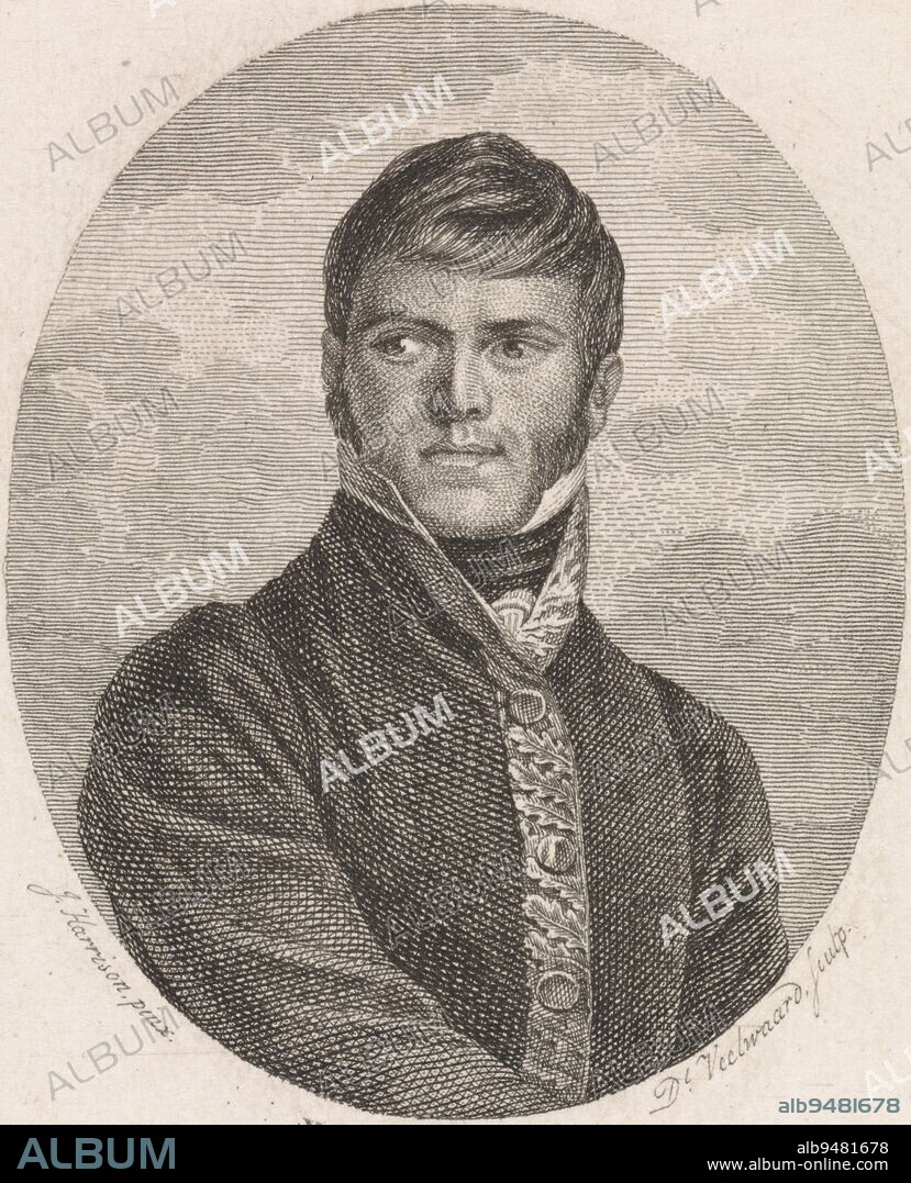 Portrait of Mexican guerilla leader Francisco Javier Mina, print maker: Daniël Veelwaard (I), (mentioned on object), after: J. Harrison, (mentioned on object), Amsterdam, 1776 - 1851, paper, etching, engraving, h 76 mm × w 75 mm.