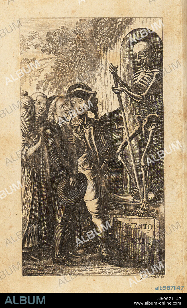 Men and women look at a Memento Mori, the Grim Reaper or a skeleton with scythe, 18th century. The figures include a soldier in uniform, priest with hat, gentlewoman with fan, etc. Copperplate engraving by Johan Georg Mansfeld after an original by Johann Rudolf Schellenberg from Johan Kark Musauss Freund Heins Erscheinungen in Holbeins Manier, (Apparitions of Death in the manner of Holbein) Mannheim, 1803.
