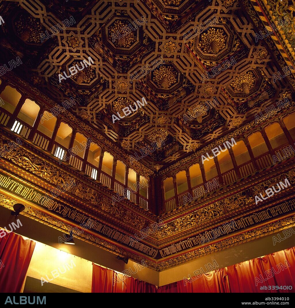 Aljaferia Palace. Palace of the Catholic Monarchs. 15th century. Coffered ceiling of the Throne Room, on Mudejar style. Zaragoza, Aragon, Spain.