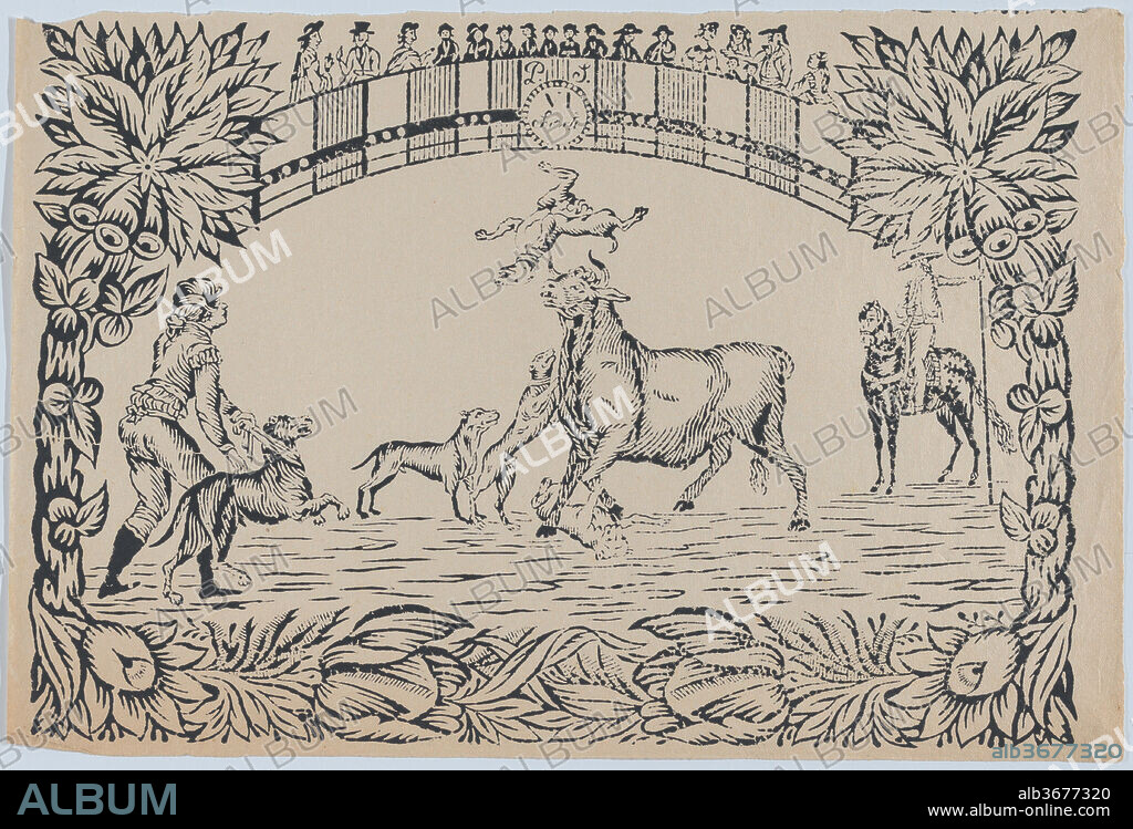 Suerte VI: The torero's assistant sets dogs on the bull. Artist: Anonymous, Spanish 19th century; After Antonio Carnicero (Spanish, 1748-1814). Dimensions: Sheet: 8 7/16 × 12 5/8 in. (21.5 × 32 cm). Date: ca. 1850-80.
Copied from a print in Carnicero's series of etchings 'Colección de las principales suertes de una corrida de toros' (Collection of the main actions in a bullfight) published 1787-90.
