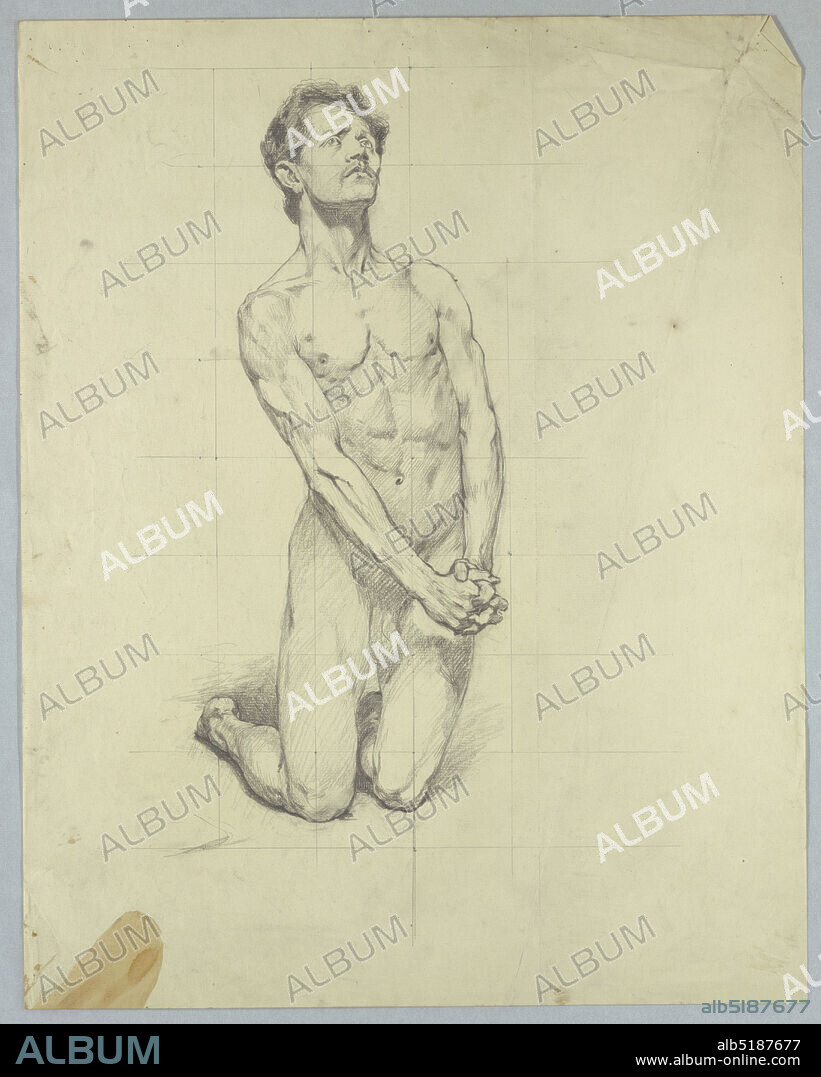 Figure Study for 'The Temptation of St. Anthony', Kenyon Cox, American, 18561919, Graphite on paper, Nude male figure on his knees, hands clasped, face upturned. Paper squared for transfer., USA, 1896, figures, Drawing, Drawing.