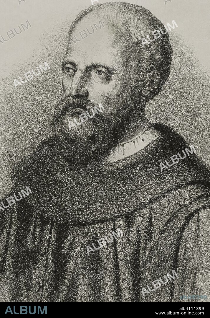 Ruy González de Clavijo (fallecido en 1412). Embajador del rey Enrique III de Castilla, quien le encomendó una embajada ante la corte de Tamerlán, para aliarse contra los otomanos. Dibujo de J. Cebrian, detalle. Litografía. Crónica General de España, Historia Ilustrada y Descriptiva de sus Provincias. Castilla-La Nueva, 1869. Biblioteca Histórico Militar de Barcelona, Cataluña, España.
