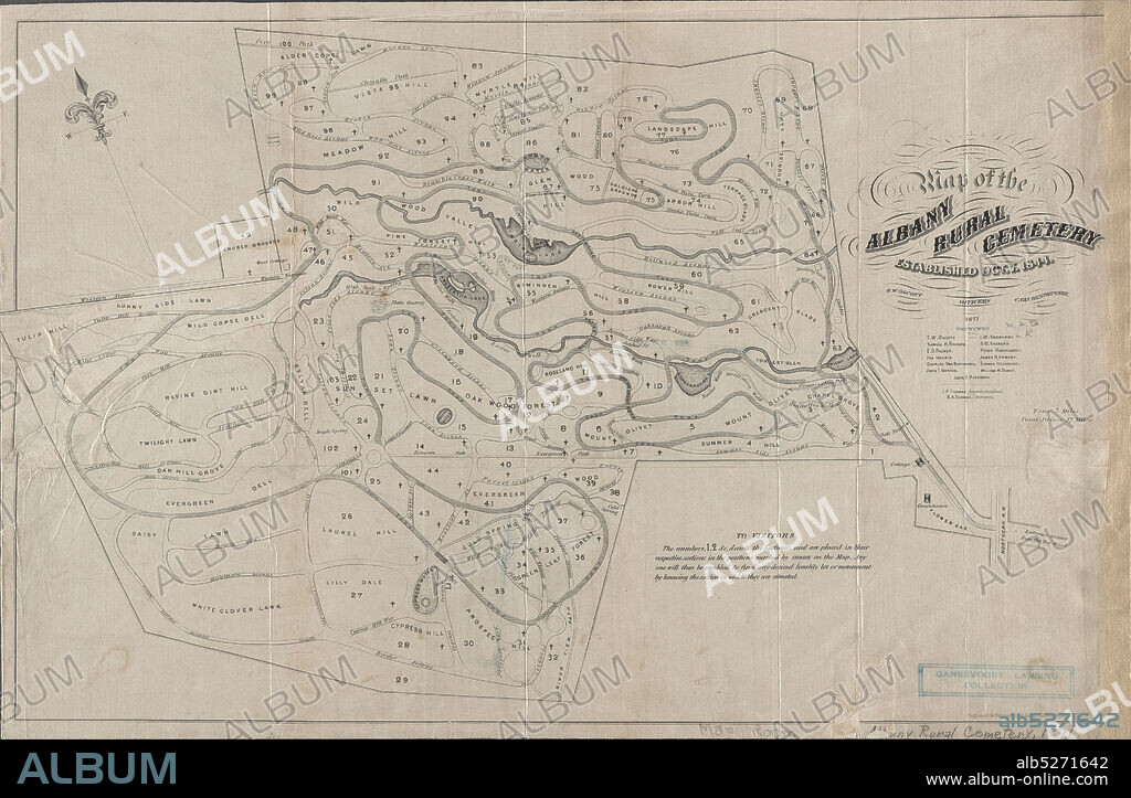 Map of the Albany Rural Cemetery, established, Oct. 7 1844, cartographic, Maps, 1871, Van Benthuysen, C. (Charles), 1817-1881, Thomas, J. P., Thomas, B. A., Gavit, John E., 1817-1874.