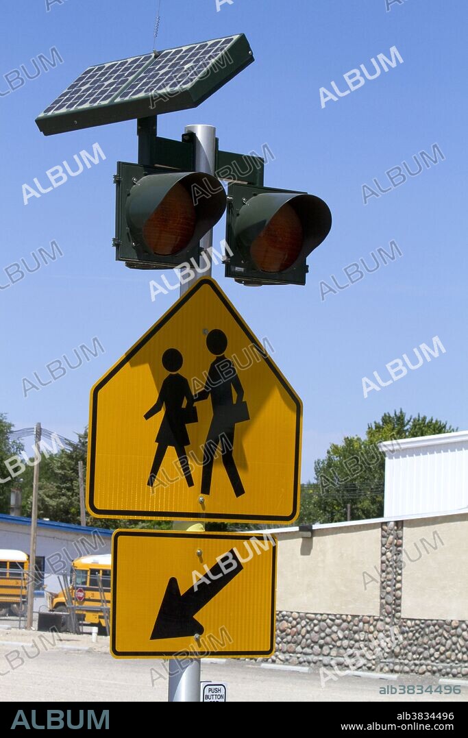 Solar powered school street crossing sign at Marsing, Idaho.