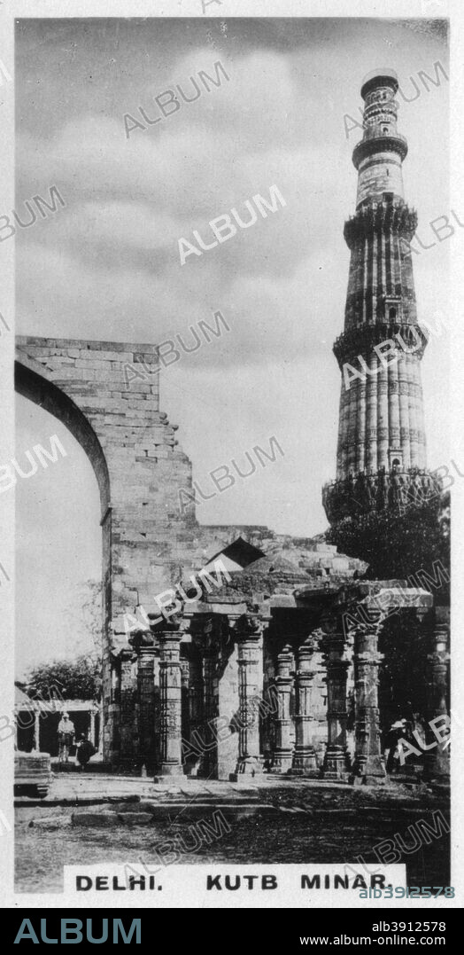 Kutb Minar, Delhi, India, c1925. The tallest brick minaret in the world is 72.5 metres high and was built over two centuries, finally being completed in 1386. Cigarette card produced by the Westminster Tobacco Co Ltd, Indian Empire, 1st series.