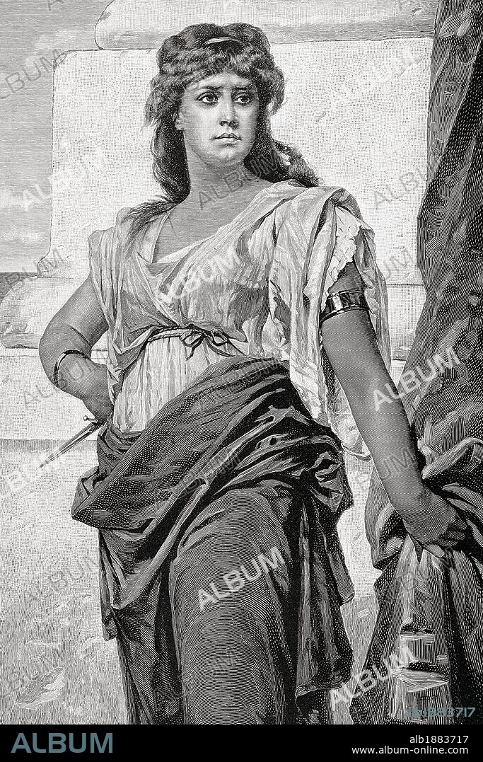 MEDEA. Personaje mitológico de la antigua Grecia, heroina en la Tragedia de Eurípides. Mujer de Jasón el Argonauta, le ayudó a apoderarse del vellocino de oro. Grabado de "La Ilustración Artística". Año 1884.
