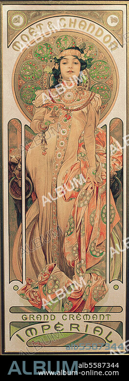 ALPHONSE MUCHA. Nahrungs- und Genußmittel:. Alkohol / Sekt. "Moët & Chandon / Grand Crémant Impérial". (Werbung der Sektkellerei Moet & Chandon). Plakat, 1899, von Alfons Mucha (1860-1939). Farblithographie, 60 × 20 cm. Druck: F.Champenois. Mucha Trust.