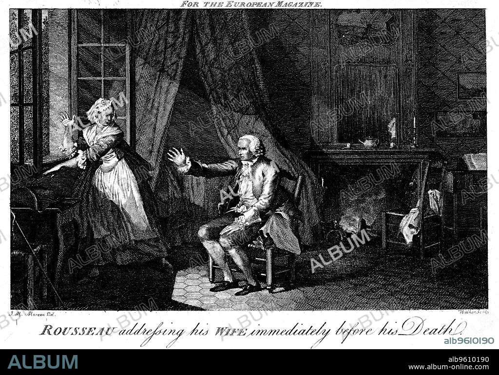 WALKER. Jean Jacques Rousseau (1712-1778), French Enlightenment philosopher and educationalist. He is portrayed reaching to the light and speaking to his wife just before his death. The ideas Rousseau put forward in his most famous philosophical work, The Social Contract, were central to the French Revolution. For The European Magazine.