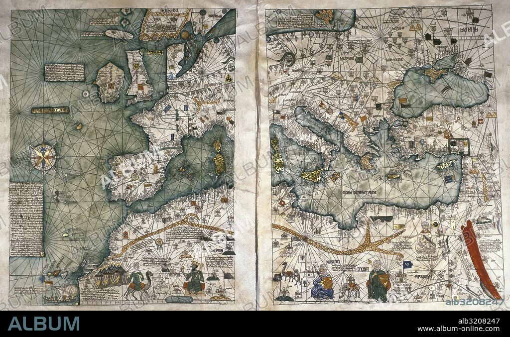 ATLAS CATALAN DE ABRAHAM Y JAFUDA CRESQUES (año 1375). Cartógrafos judíos de la escuela mallorquina "Representación del mundo conocido entonces". Biblioteca Nacional. París. Francia.