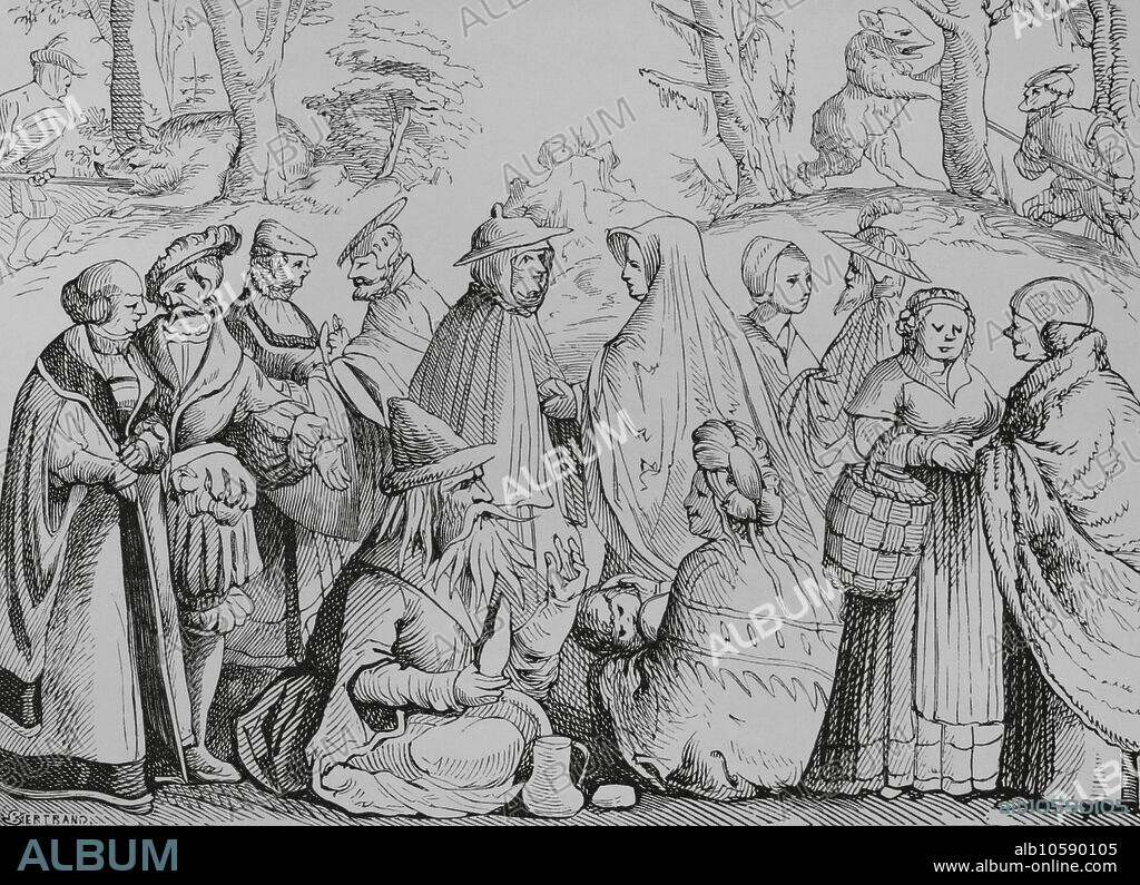 Los gitanos diciendo la buenaventura. Facsímil de un grabado de "Cosmographia universalis" de Sebastian Münster, obra publicada en Basilea en 1552. "Moeurs, usages et costumes au moyen-âge et à l'époque de la Renaissance", por Paul Lacroix. París, 1878.