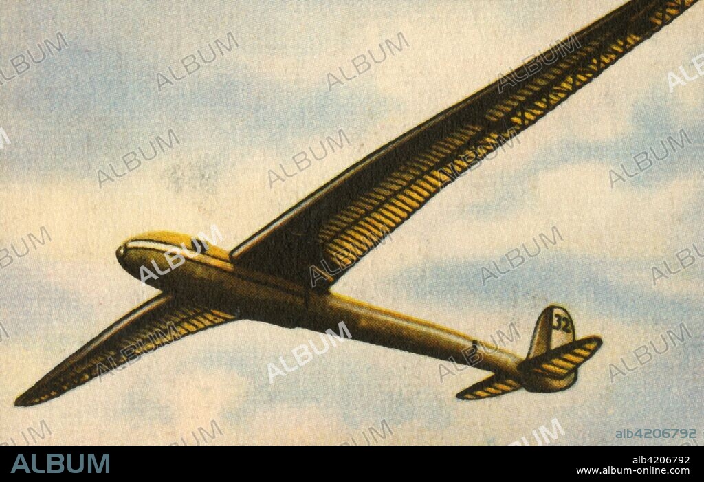 RRG Fafnir glider, 1930, (1932). The Fafnir, named after the legendary dragon, was a German high-performance glider designed by Alexander Lippisch and built by the Rhon-Rossitten Gesellschaft. In May 1931, Günther Groenhoff made the first glider flight of over 200 km (120 miles), flying 272 km (169 miles) from Munich to Kaaden. Fafnir won the Rhön competition in the same year. From "Die Eroberung Der Luft", (The Conquest of the Air), cigarette card album produced by the Garbáty cigarette factory, 1932. Eugene and Moritz Garbáty, who were Jewish, were driven out of business by the Nazis in the late 1930s, and forced to sell their factory which lay empty for over 70 years. [Garbaty Cigarettenfabrik, Berlin-Pankow, 1932].