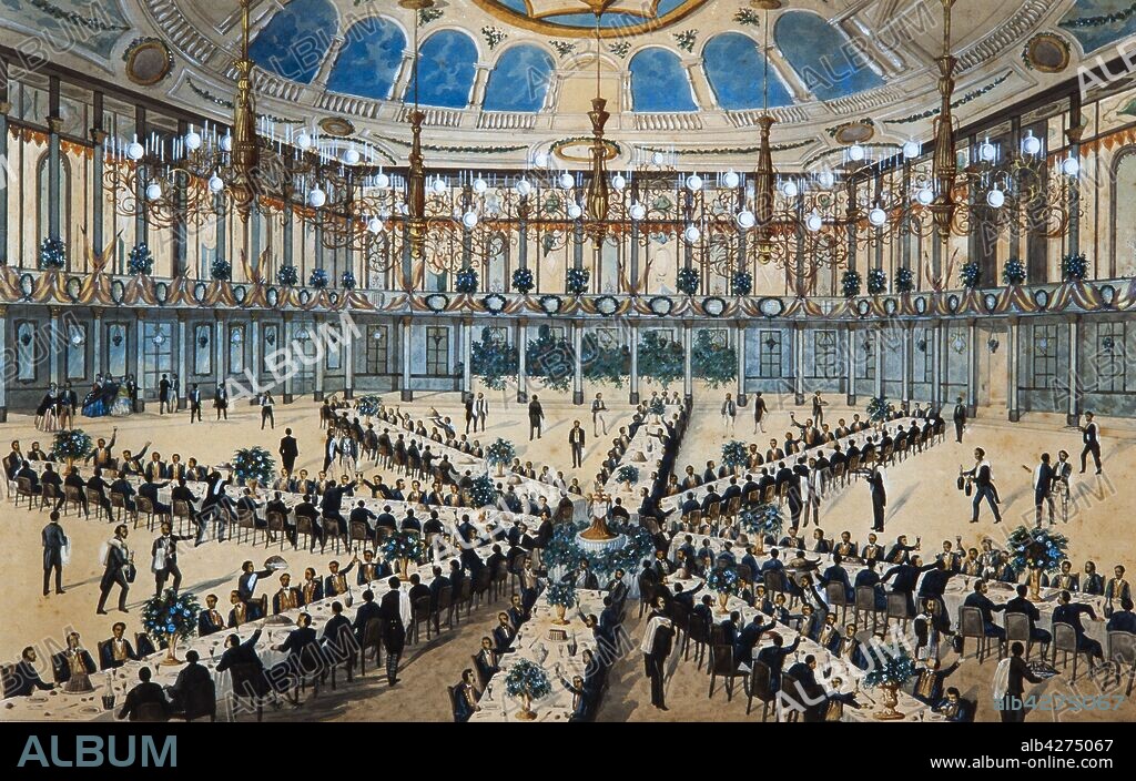 Banquete celebrado en homenaje a los voluntarios catalanes en el salón del Teatro de los Campos Elíseos de Barcelona, 1860.