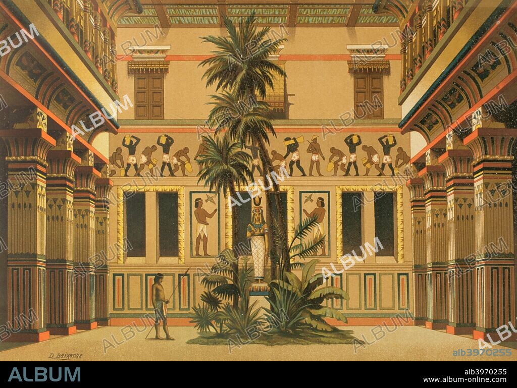 North of Africa. Ancient Egypt. Courtyard of a residence of the Egyptian nobility. Drawing by Dionisio Baixeras (1862-1943). Chromolithography. La Civilizacion (The Civilization), volume I, 1881.