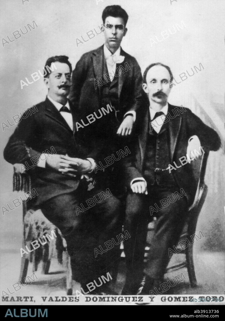 Jose Marti, Fermin Valdes Dominguez and Gomez Toro, Key West, Florida, USA, 1894 (c1910). José Martí was a world class poet, an essayist, a journalist, a revolutionary philosopher, a translator, a professor, a publisher, and a political theorist. He was also a part of the Cuban Freemasons. Through his writings and political activity, he became a symbol for Cuba's bid for independence against Spain in the 19th century, and is referred to as the Apostle of Cuban Independence. Valdes Dominquez was his close friend and fellow activist. Gomez Toro was the son of General Máximo Gómez and Bernarda Toro. Cigar card from the History of Cuba,  Geografico Universal, Propaganda de los Cigarros Susini y La Corona, Tabacalera Cubana.