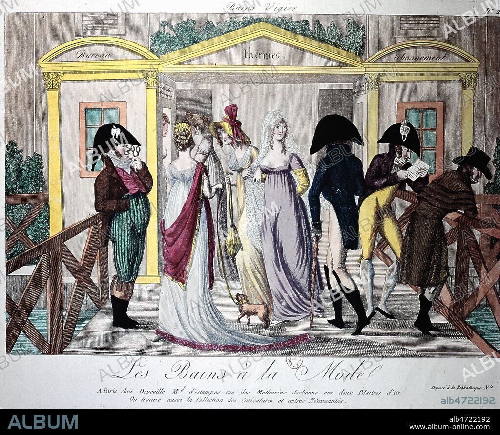 'Les bains a la mode'' : types parisiens elegants sous le Directoire (thermes et bains publics reputes pour etre des lieux de prostitution) . Gravure vers 1795. Credit : Collection JEAN VIGNE / Kharbine-Tapabor.