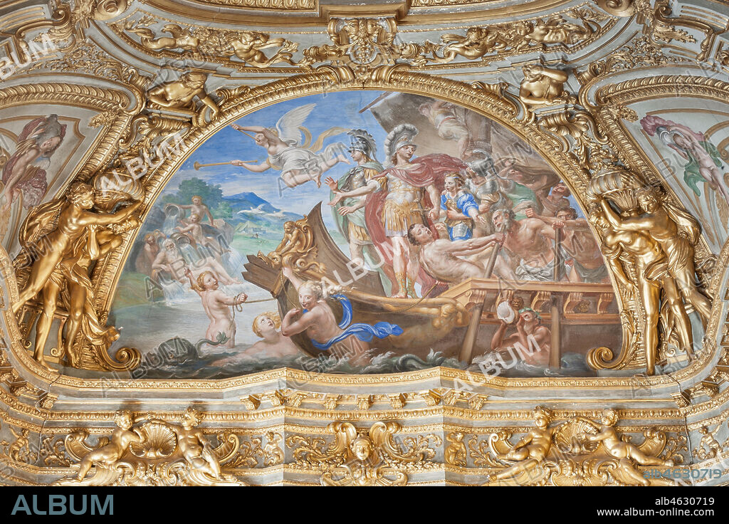 Genoa, Palazzo Carrega-Cataldi (former Palazzo Tobia Pallavicini): the Gallery, with Rococo frescoes by Lorenzo De Ferrari (1740-44). In the lunettes: the stories of Aeneas. Detail of a lunette with "Aeneas disembarking at the mouth of Tiber river.". World Heritage UNESCO.