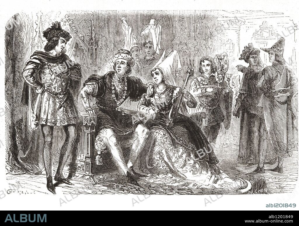 Carlos VII (1403-1461), Rey de Francia, en la Corte junto a su amante y favorita, Agnés Sorel (1422-1450). Grabado de 1866.