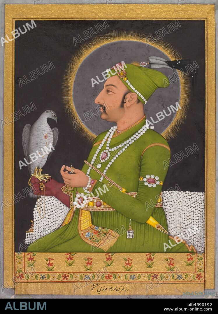 Posthumous portrait of the Mughal emperor Muhammad Shah (reigned 1719-1748) holding a falcon, 1764. Emperor Muhammad Shah, who reigned from 1719 to 1748, was known as "Rangila," which means "the Colorful." The innovative use of a black background sharply sets off the chartreuse green of his jama and the pearls of his adornments and bolster. On his left thumb he wears an archer?s ring, and a stabbing dagger is tucked into his bejeweled belt. Even his trained hunting falcon has a ruby necklace. In this formal posthumous portrait, the master artist conveys a heightened realism that emerges effortlessly from elegant contour lines and bold use of colour. The work was part of an album of paintings collected in India before 1811 by a Scottish politician who worked for the British East India Company.