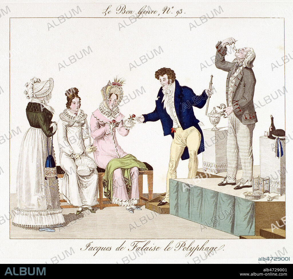 Jacques de FALAISE (1754-1825) le polyphage (avaleur de sabre, de roses ou d'animaux vivants. Jacques de Falaise introduit de sa main droite une souris vivante dans sa bouche et tient de la main gauche une anguille, vivante elle aussi. Une dame de l'assistance lui tend une rose, avec sa tige et ses feuilles. Illustration de 1816 pour Le bon Genre - Observations sur les modes et les usages a Paris publie en 1827 par Pierre de La MESANGERE (1766-1831). Credit : Coll. Jonas/KHARBINE-TAPABOR.. Embauche d'abord par le prestidigitateur Louis Comte dans son theatre parisien en 1816, il connait le succes pour des « experiences polyphagiques », au cours desquelles il ingurgite noix, pipes, ½ufs durs non ecales, fleurs et tige, montres et animaux vivants ( souris, moineaux, anguilles, écrevisses). Contraint par plusieurs gastro-enterites d'arreter, il se suicide en 1825.