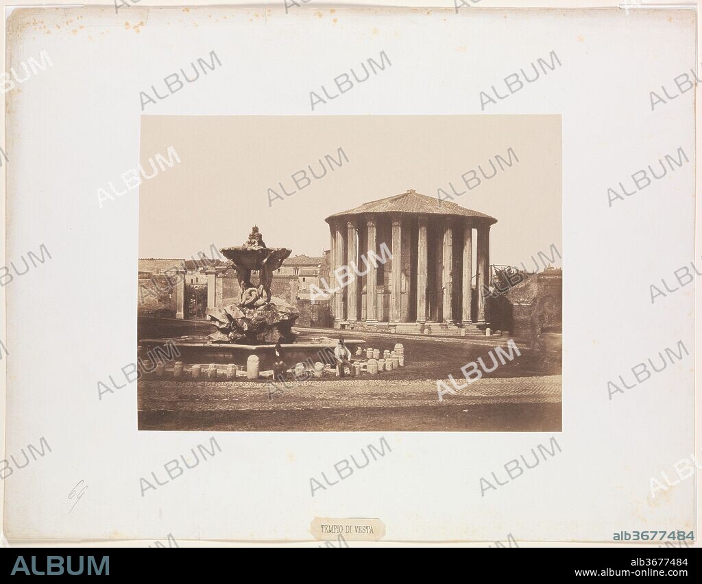 Temple of Vesta. Artist: Pietro Dovizielli (Italian, 1804-1885). Dimensions: Mount: 19 3/8 in. × 27 1/16 in. (49.2 × 68.7 cm)
Image: 11 9/16 × 15 1/2 in. (29.3 × 39.3 cm). Date: 1850s.
Dovizielli was awarded a bronze medal at the 1855 Exposition Universelle in Paris, where he exhibited twelve views of Rome and its environs. One French critic mused, "How can one not admire the luminous and warm-toned photographs exhibited by Mr. Dovizielli of Rome?" In this view of the second-century b.c. Temple of Vesta (now known as the Temple of Hercules Victor, or Round Temple), the classical structure and its nearby fountain seem to be composed of shimmering planes of light.