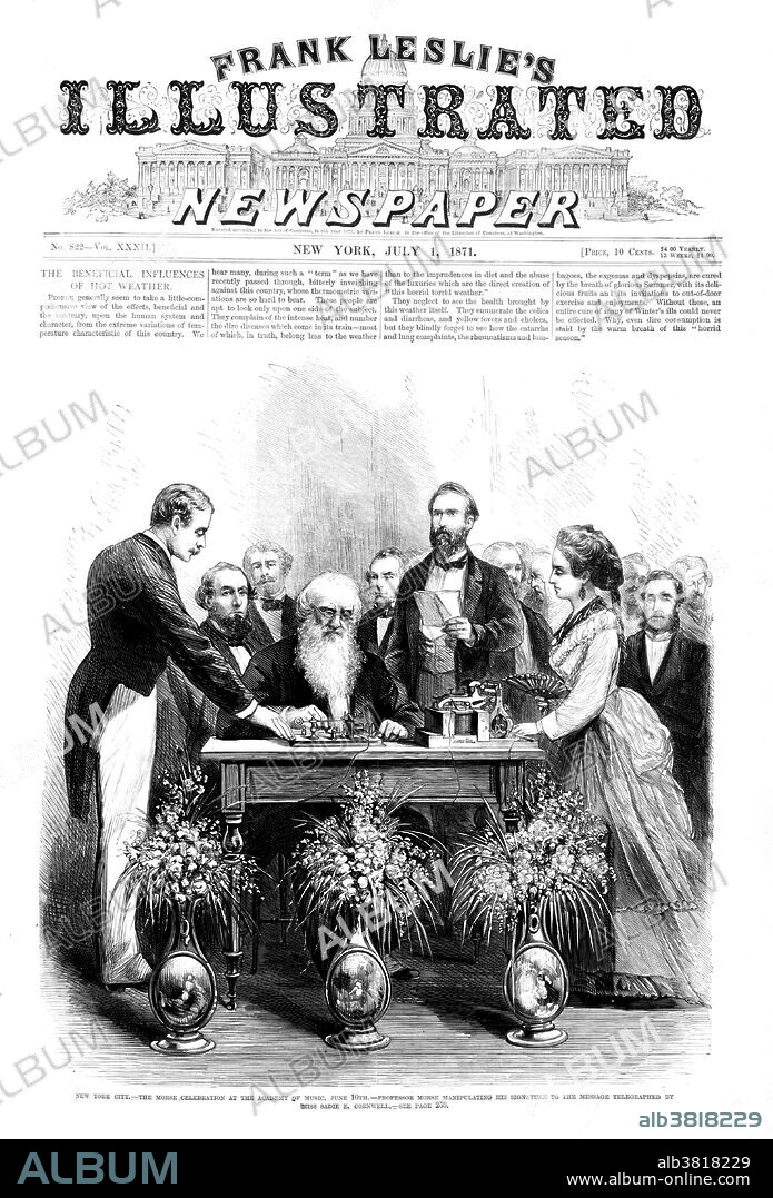 Entitled: "New York City. The Morse celebration at the Academy of Music, June 10th, 1871. Professor Morse manipulating his signature to the message telegraphed by Miss Sadie E. Cornwell." Samuel Finley Breese Morse (April 27, 1791 - April 2, 1872) was an American inventor. While returning by ship from Europe in 1832, he encountered Charles Jackson, a man well schooled in electromagnetism. Witnessing experiments with Jackson's electromagnet, Morse developed the concept of a single-wire telegraph. The original Morse telegraph, submitted with his patent application, is part of the collections of the National Museum of American History at the Smithsonian Institution. He was also the co-developer of the Morse code which became the primary language of telegraphy in the world. It is still the standard for rhythmic transmission of data. Morse received a patent for the telegraph in 1847. The Morse telegraphic apparatus was officially adopted as the standard for European telegraphy in 1851. Morse was a leader in the anti-Catholic and anti-immigration movement, and became well known as a defender of slavery. He died of pneumonia in 1872, 25 days short of his 81st birthday.