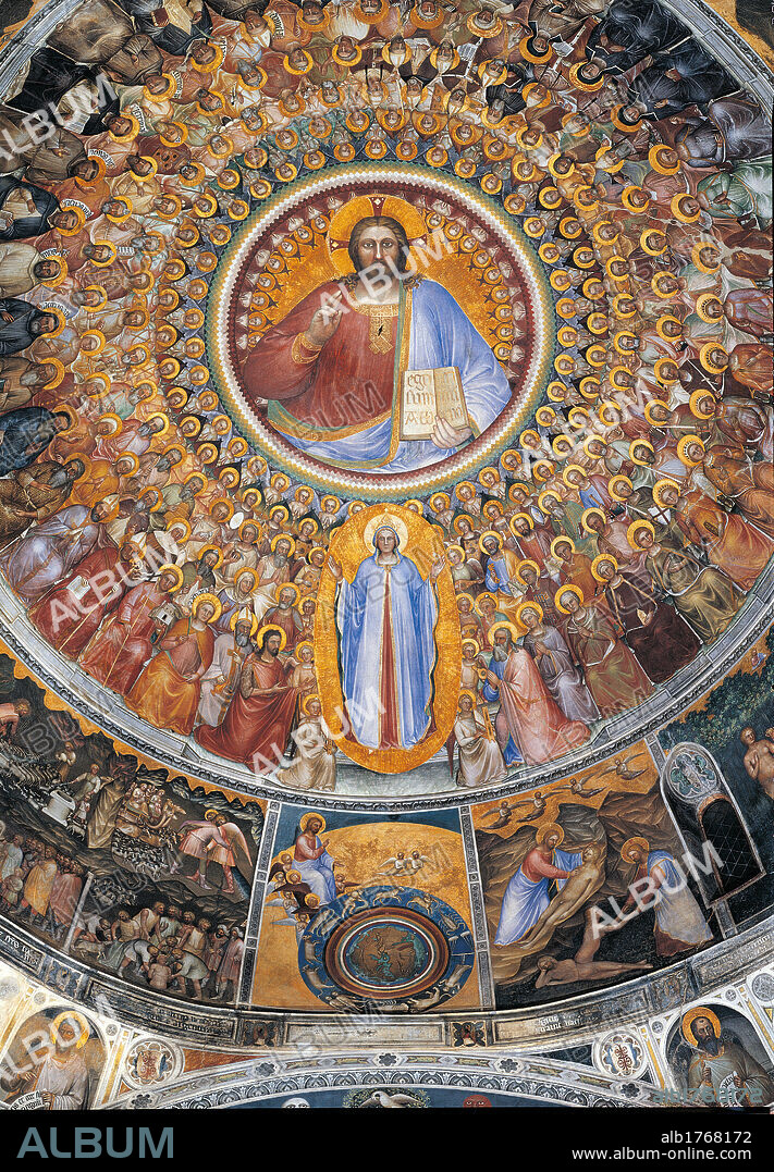 Paradise. Domed vault of the Baptistery, by Giusto Padovano Giusto de Menabuoi, 1370-1379 about, 14th Century, fresco,. Italy, Veneto, Padua, Duomo, Baptistery. Detail Christ pantocrator group of Saints and Blessed Souls Paradise.