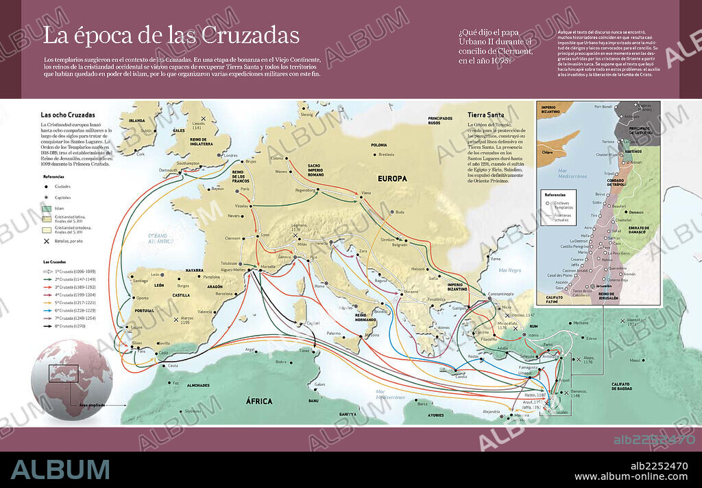 La época de las cruzadas. Infografía sobre las Cruzadas, expediciones militares de los cristianos para recuperar Tierra Santa (1095-1291).