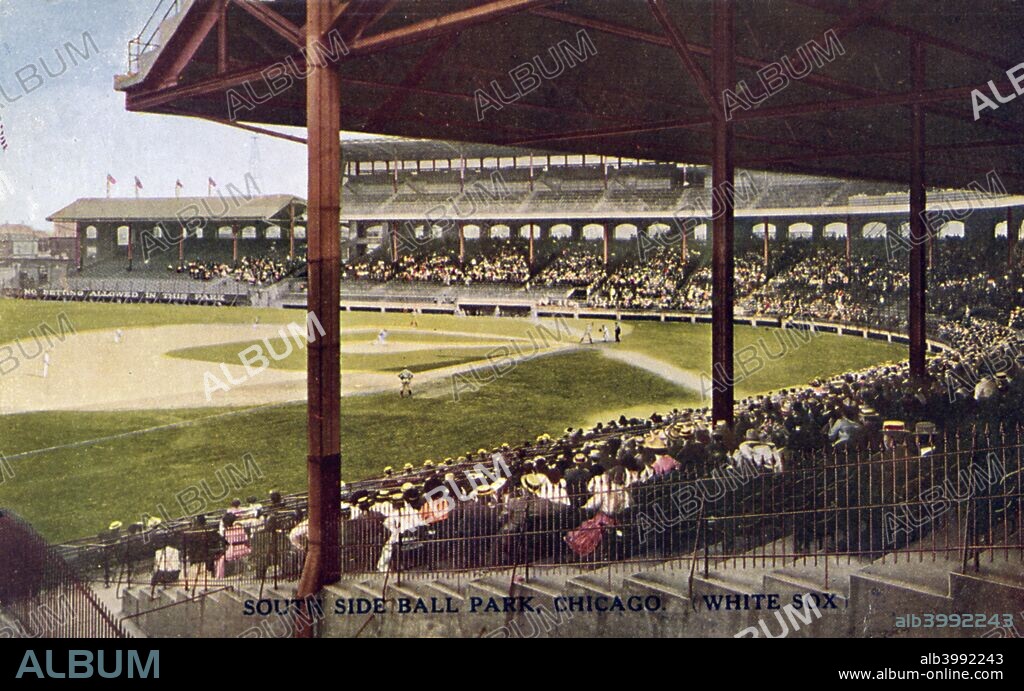 South Side Ball Park, Chicago, Illinois, USA, 1915. Postcard showing a view of the old home of the Chicago White Sox baseball team, looking out over the field from inside the stands. The team is on the field and thousands of spectators fill the stands. South Side Park was the home stadium of the White Sox from 1900 until 1910, when the team moved to its current home, Comiskey Park. Renamed Schorling Park, South Side Park continued to be used by the Chicago American Giants, a team playing in the Negro League (baseball, like many other aspects of American life, was still segregated at the time) from 1911 until 1940, when the wooden structure was destroyed by a fire.