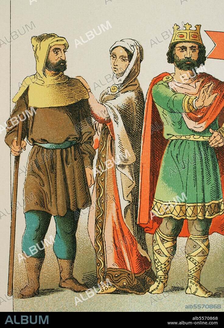 Edad Media. Historia de Francia (año 900). De izquierda a derecha: hombre del pueblo, mujer noble y rey. Cromolitografía. Historia Universal, por César Cantú. Tomo IV. Publicado en Barcelona, 1881.