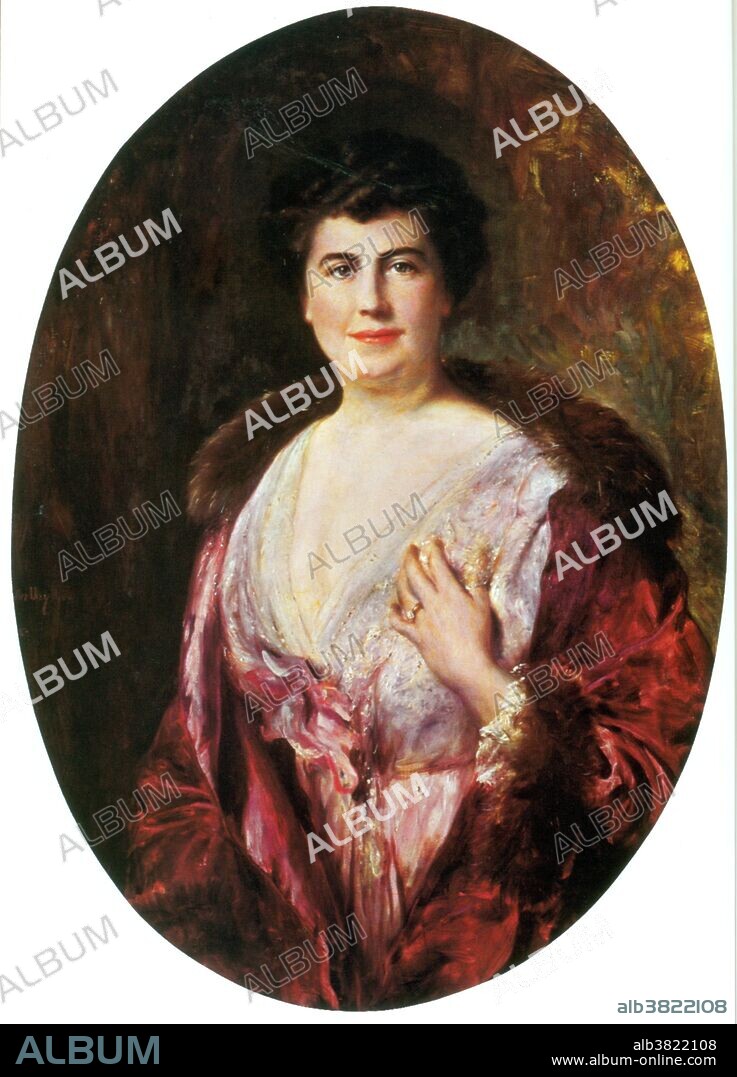 Edith Bolling Galt Wilson (October 15, 1872 - December 28, 1961) was the second wife of Woodrow Wilson, and First Lady of the US, 1915-21. She married Norman Galt, a prosperous jeweler; in 1896. In 1903 she bore a son who only lived for a few days, and the difficult birth left her unable to have more. In 1908 her husband died unexpectedly. In 1915, the she was introduced to President Wilson by Helen Bones, the president's cousin and White House hostess since the death of Ellen, his first wife. They married nine months later. As First Lady during WWI, she observed gas-less Sundays, meatless Mondays, and wheat-less Wednesdays. She let sheep graze on the White House lawn rather than waste manpower in mowing it and auctioned off their wool for the benefit of the American Red Cross. The President suffered a severe stroke in October 1919. Edith began to screen all matters of state and decided which were important enough to bring to the bedridden president. In doing so, she functionally ran the Executive branch of the government for the remainder of the president's second term. She retired with the former president to their home, nursing him until his death three years later. She died of congestive heart failure at age 89 in 1961.Painting by Adolpho Muller-Ury.