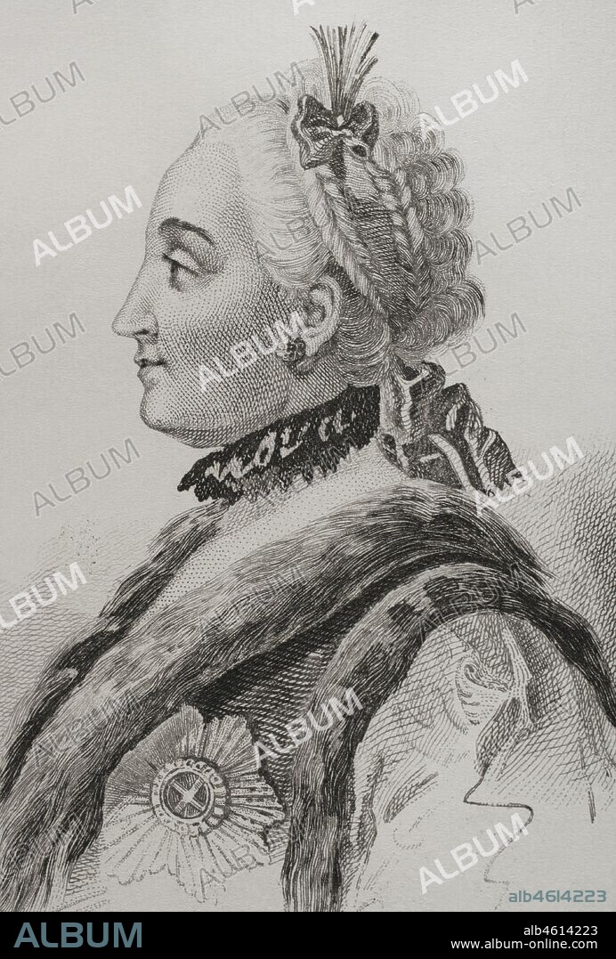 Catalina II de Rusia, llamada Catalina la Grande (1729-1796). Emperatriz de Rusia. Retrato, detalle. Grabado por Lemaitre, Vernier y Lesueur. Historia de Rusia por Chopin. Panorama Universal, edición española de 1839.